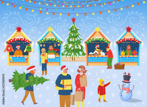 Christmas market with people a Christmas tree, carousel with horses and houses.Vector illustration in flat cartoon  style.
