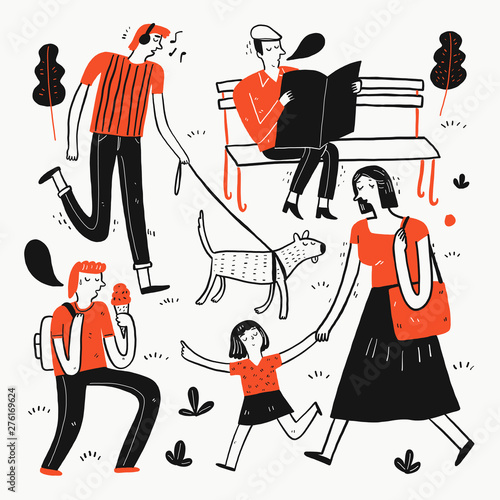 Collection of hand drawn people on the park.