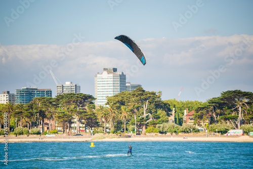 Melbourne/Australia - 11252018: Kite surfing in St Kilda beach