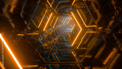 Fototapeta Naklejka Na Ścianę i Meble -  Flying through endless luminous tunnel. Construction with neon glowing hexagons. Hyper loop. Abstract creative futuristic background. Reflective surfaces. Modern colorful illumination. 3d rendering