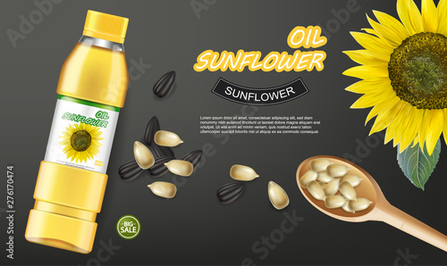 Sunflower seeds oil Vector realistic mock up. Product placement label design. 3d illustrations