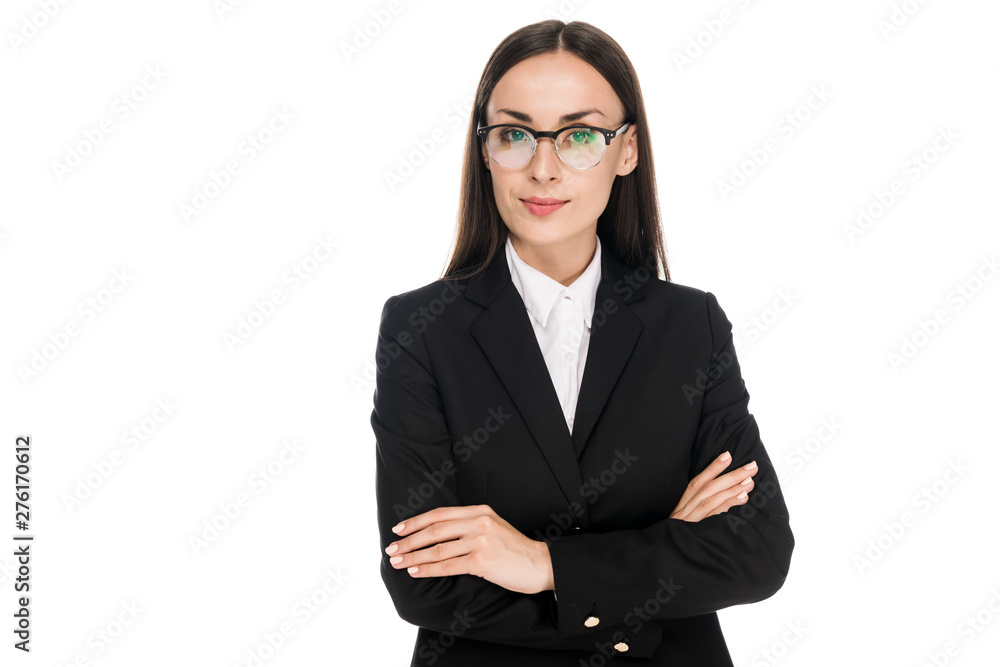 confident businesswoman in black suit with crossed arms isolated on white confident businesswoman in black suit with crossed arms isolated on white