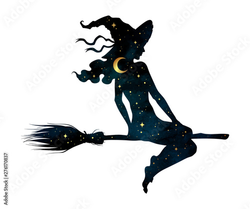 Silhouette of beautiful witch girl on a broom with crescent moon and stars in profile isolated hand drawn vector illustration photo