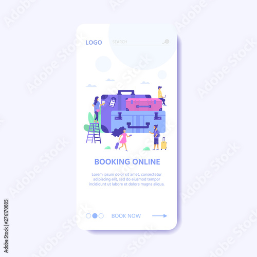 Set of baggage, laggage and young cute people. Travel and tourism concept for website user interface template, online booking reservation, landing page, banner, flight tickets service. Vector