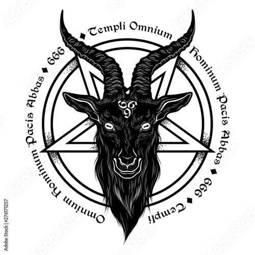 Baphomet demon goat head hand drawn print or blackwork flash tattoo art design vector illustration. Latin inscription translation - father of the temple of peace of all men.
