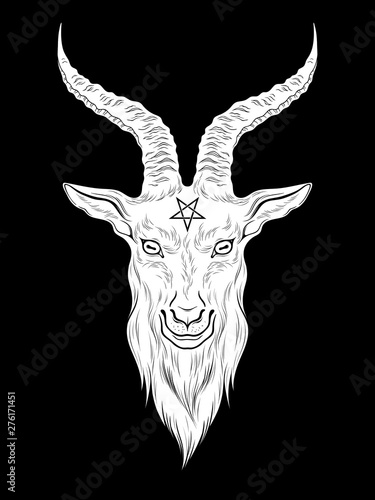 Baphomet demon goat head hand drawn print or blackwork flash tattoo art design vector illustration.