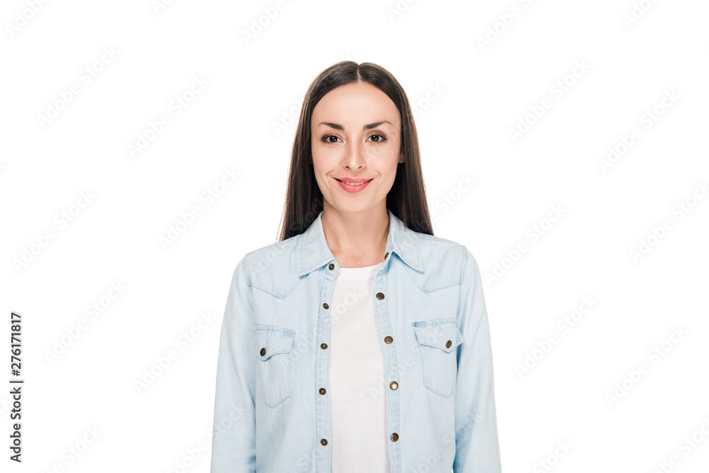 smiling brunette young woman isolated on white smiling brunette young woman isolated on white