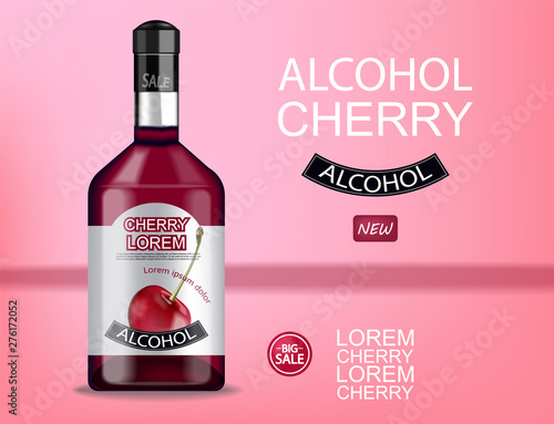 Cherry liquor bottle Vector realistic mock up. Product placement label design. 3d illustrations