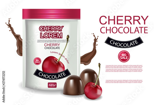 Cherry chocolate Vector realistic mock up. Chocolate splash background. Produ...