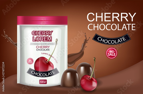 Cherry chocolate Vector realistic mock up. Chocolate splash background. Produ...