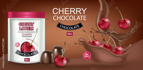 Cherry chocolate Vector realistic mock up. Chocolate splash background. Produ...