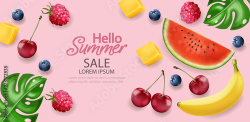 Hello summer tropic fruits banner Vector realistic. Watermelon, cherry, blube...