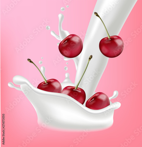 Milk and cherry fruits splash Vector realistic. sweets background template. 3d illustrations