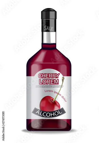 Cherry liquor bottle isolated Vector realistic Product placement label design...