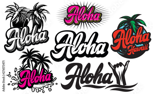 Vector set of monochrome illustrations on aloha with a palm photo