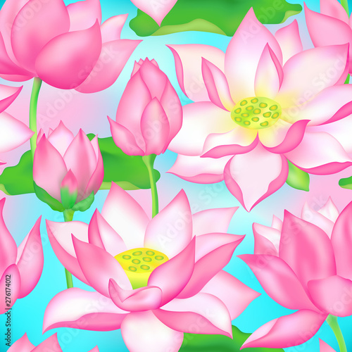 Lotus buds and flowers seamless fabric print., Water lilly nelumbo aquatic plant botanical design.
