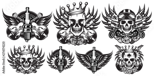 Vector monochrome illustration set on the combined theme of rock music and motorcycle
