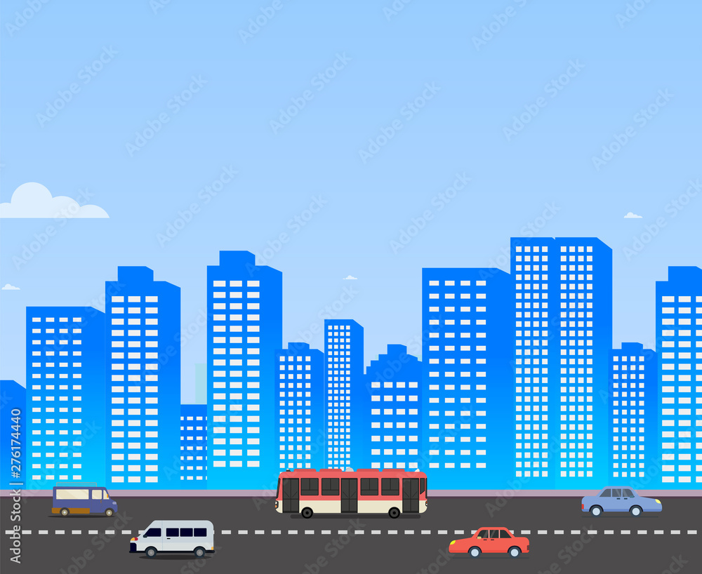 Cityscape with cars on street and sky background vector illustration.Buildings landscape. Daytime cityscape in flat style.Modern city scene design