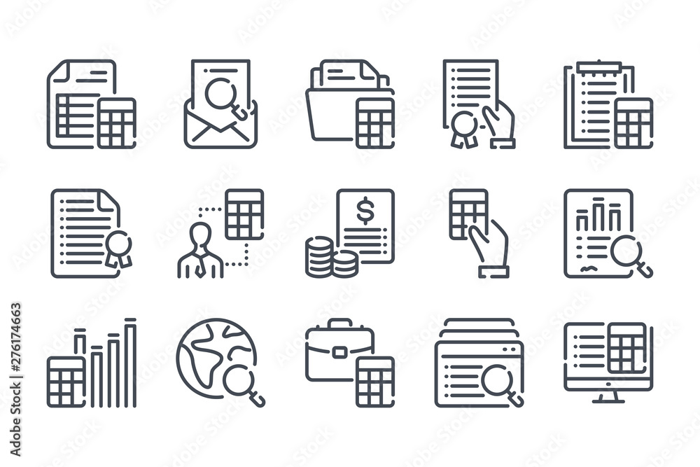 Accounting and auditing related line icon set. Calculations linear icons. Finance review outline vector signs and symbols collection. Accounting and auditing related line icon set. Calculations linear icons. Finance review outline vector signs and symbols collection.