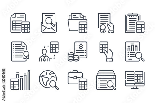 Accounting and auditing related line icon set. Calculations linear icons. Finance review outline vector signs and symbols collection.