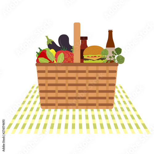 Vector. Wicker picnic basket, food, drink