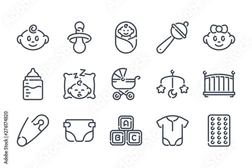 Newborn related line icon set. Maternity and childhood linear icons. Baby outline vector signs and symbols collection.