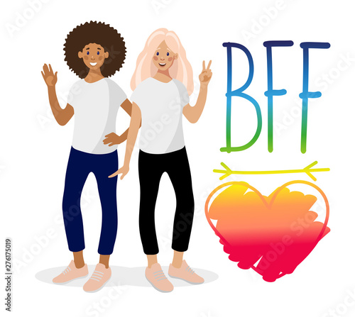 Two smiling girls, hand drawn phrase BFF and heart on white background. The best friends are African American and Caucasian girl. Vector illustration in flat cartoon style on white background.