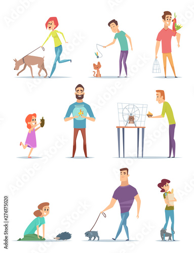 Animal owners. Happy domestic pets with young male and female holders animals cats dogs walking vector cartoons. Illustration of animal dog friend and happy owner with hedgehog and hamster
