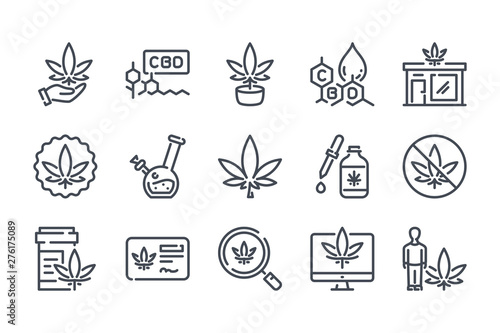 Cannabis related line icon set. Cannabidiol linear icons. Marijuanas outline vector signs and symbols collection.