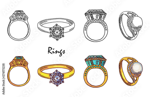 Hand drawn vector jewelry rings with crystalls isolated on white background. Illustration of jewelry gift in golden ring photo