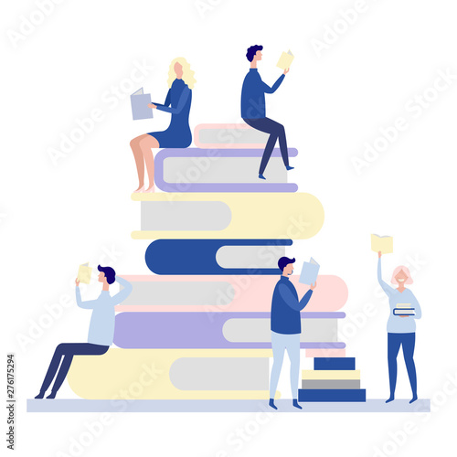 People reading paper books vector illustration isolated on white background. People read book, student education on stack textbooks