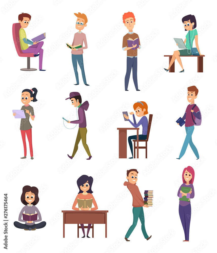 Naklejka premium Reading characters. People knowledge student with books learn in library study school vector illustrations. Student character with books, people reading literature