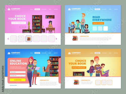 School education landing. Learning distance courses students reading books university library knowledge concept vector landing layout. Online education, e-learning library illustration