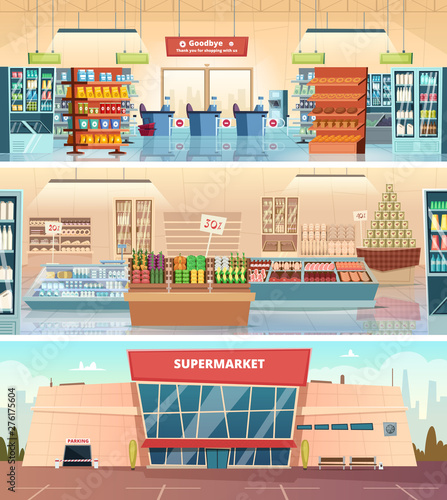 Supermarket facade. Grocery food market interior mall inside cashier vector cartoon illustrations. Supermarket and grocery, facade retail, hypermarket showcase. Super market facade, groceries and shop