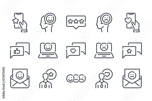 Testimonials related line icon set. Feedback linear icons. Review and  survey outline vector sign collection.