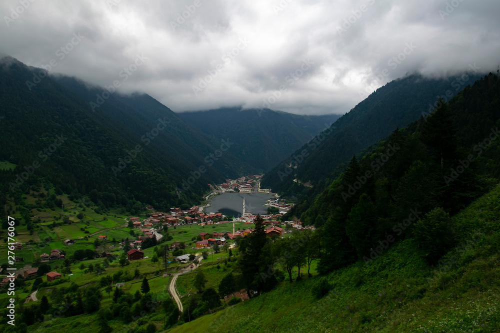 Uzungol lake view (Long lake) top view of the mountains and lake in Trabzon. Famous touristic place in Uzungol, Trabzon, Turkey
