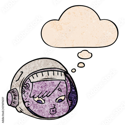 cartoon astronaut face and thought bubble in grunge texture pattern style
