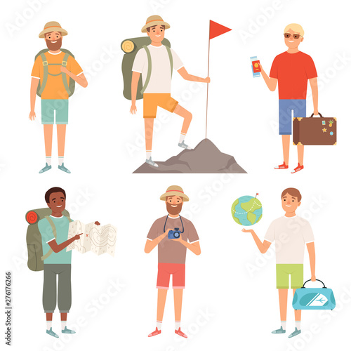 Tourist. Outdoor characters travellers hiking backpacker vector peoples adventure collection. Illustration of hiking and travel, tourism character