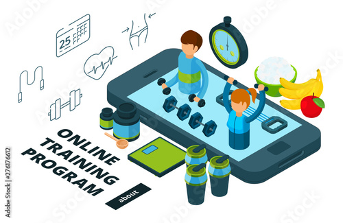 Online training and food program. Isometric vector sport app illustration. Online app training and fitness, health program nutrition