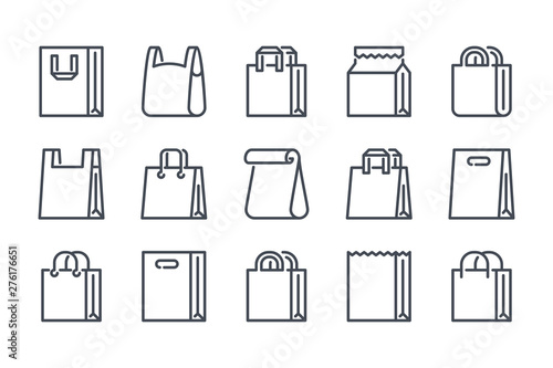 Shopping bag related line icon set. Paper market bag linear icons. Grocery bag outline vector signs and symbols collection. photo