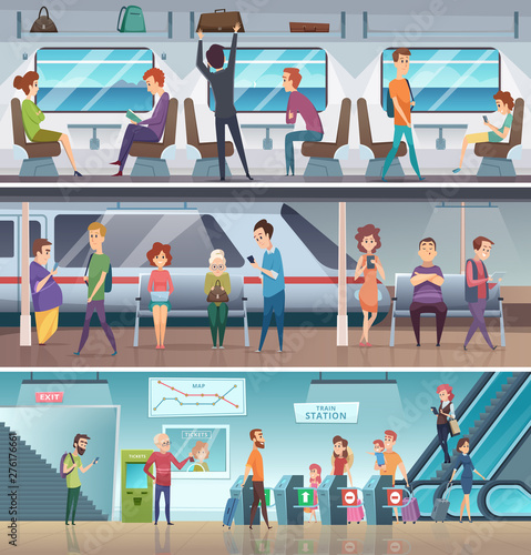 Subway entrance. Urban metro exit electronic steps platform station city fast transport vector cartoon background. Train passenger, railway underground platform, public transport subway illustration
