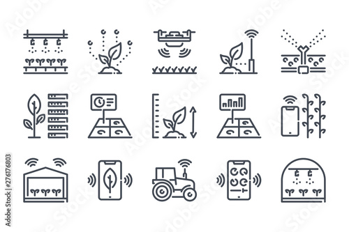Smart farm related line icon set. Farm technologies linear icons. Food science outline vector signs and symbols collection.