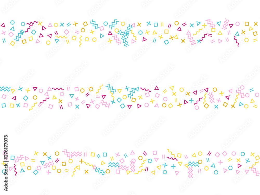 Small 90s style bauhaus pink cyan yellow decor confetti falling on white. Small 90s style bauhaus pink cyan yellow decor confetti falling on white.