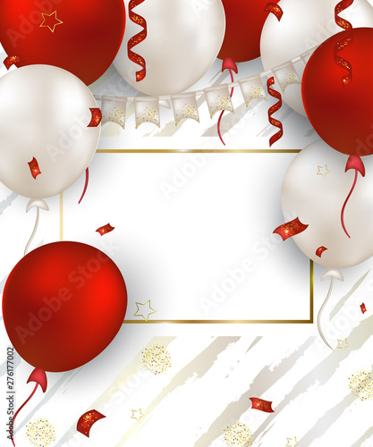 Sale banner or greeting card with red, white balloons, gilded frame, confetti, sparkles, serpentine. Background for holidays, invitations, party, sales, promotions. Vector.