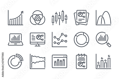 Chart and graph related line icon set. Analytics linear icons. Report outline vector sign collection.