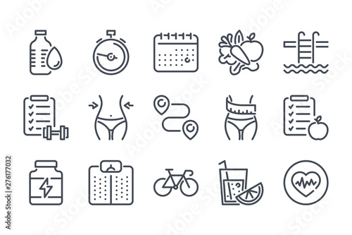 Fitness related line icon set. Gym exercises linear icons. Sport and training outline vector signs and symbols collection.