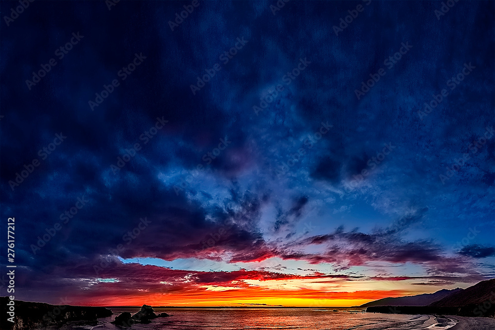 Sunset over Beach, Ocean with Clouds