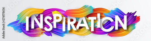Inspiration, inscription on the background of colorful brushstrokes of oil or acrylic paint. Text with a gradient brush isolated on white background, creative design element, vector illustration