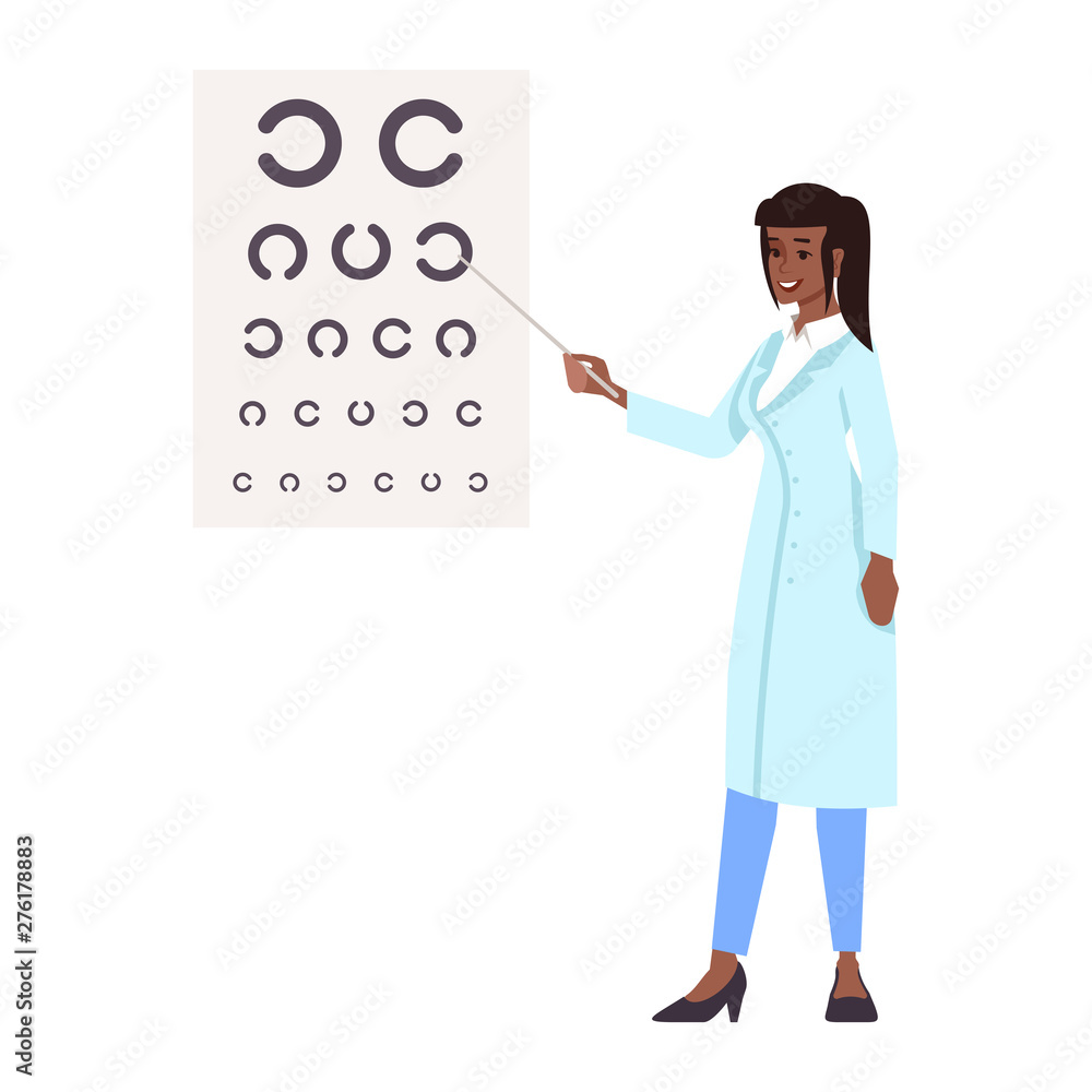 Ophthalmologist flat vector illustration. Professional doctor isolated cartoon character on white background. Oculist doing vision,eye sight test. Medical check, exam. Eyes health, care, treatment Ophthalmologist flat vector illustration. Professional doctor isolated cartoon character on white background. Oculist doing vision,eye sight test. Medical check, exam. Eyes health, care, treatment