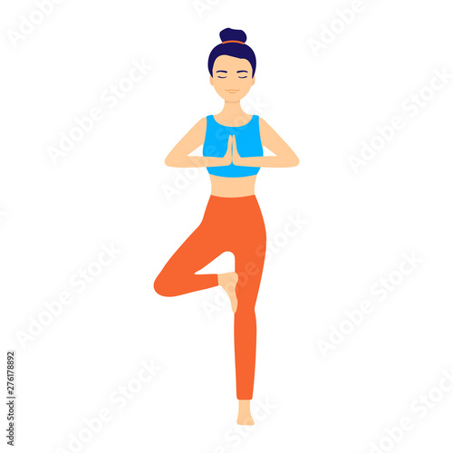 Female yoga. Beautiful cartoon woman in pose yoga. Balance pose. Vector illustration
